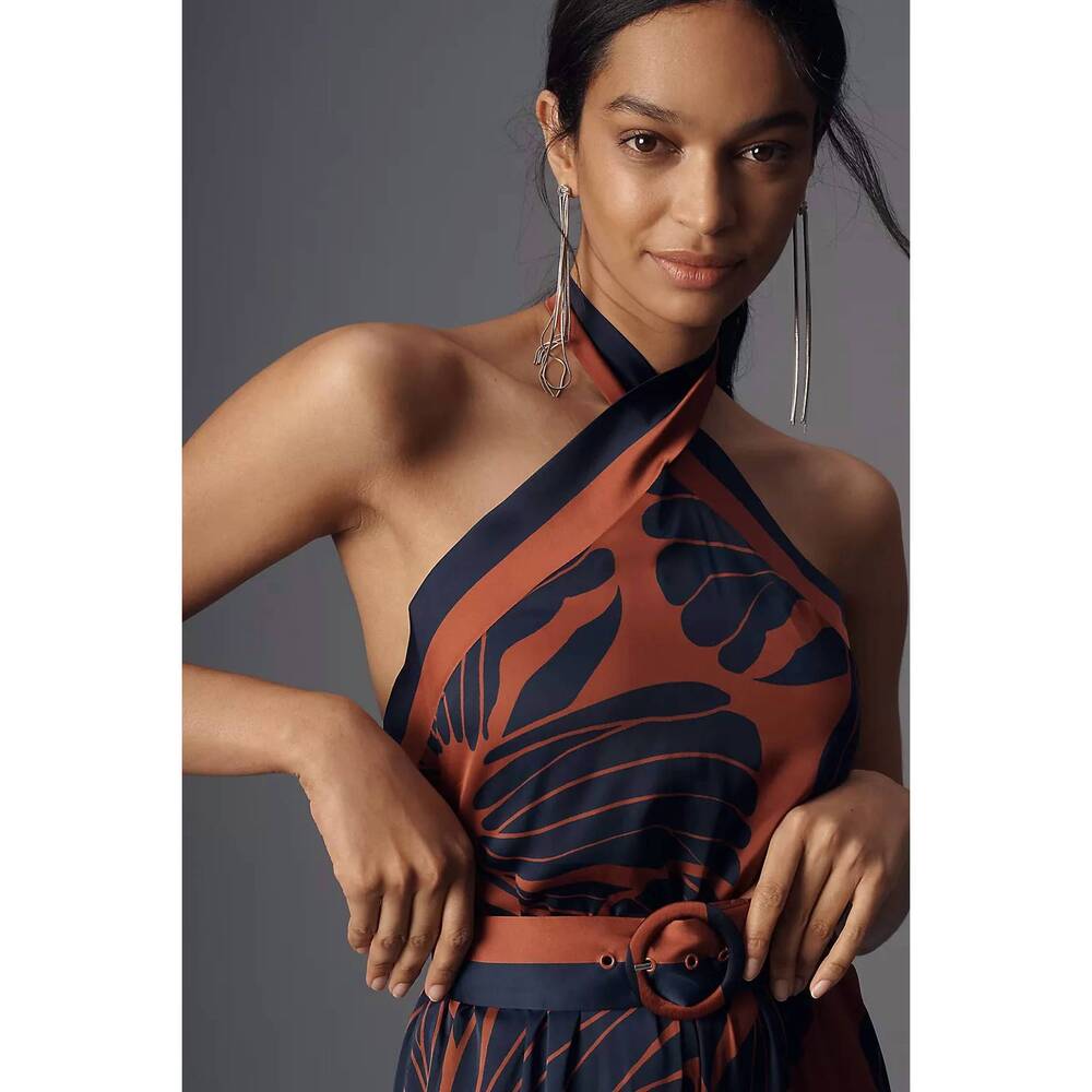 NEW HUTCH benny halter belted floral jumpsuit in orange/ navy - Picture 4 of 5